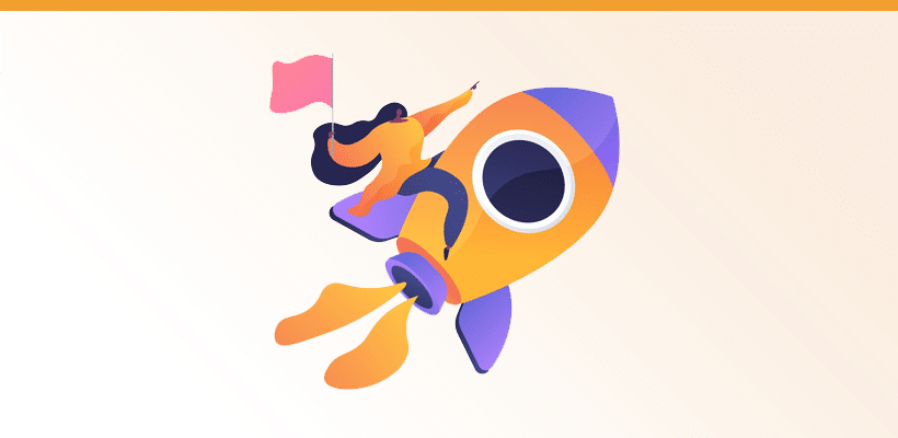 Illustration einer Person auf einer Rakete als Symbol für den Start.