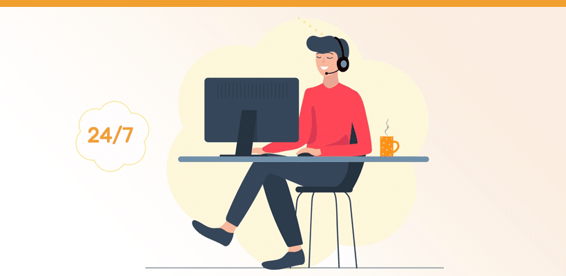 Illustration eines Supportmitarbeiters mit Headset an einem Schreibtisch.