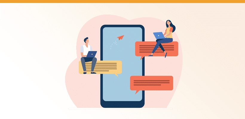 Illustration von Livechat-Nachrichten rund um ein Smartphone.