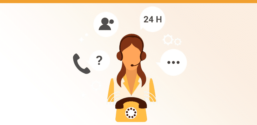 Illustration einer Supportmitarbeiterin mit Telefon-, Chat- und Kundensymbolen.