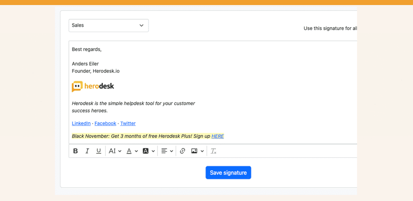 Herodesks Editor für E-Mail-Signaturen mit Kontaktdaten und einem Link.