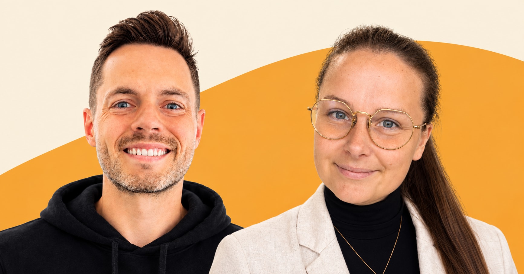 Porträtcollage von Anders Eiler und Ann-Sofie vor einem warmen orangefarbenen Hintergrund.