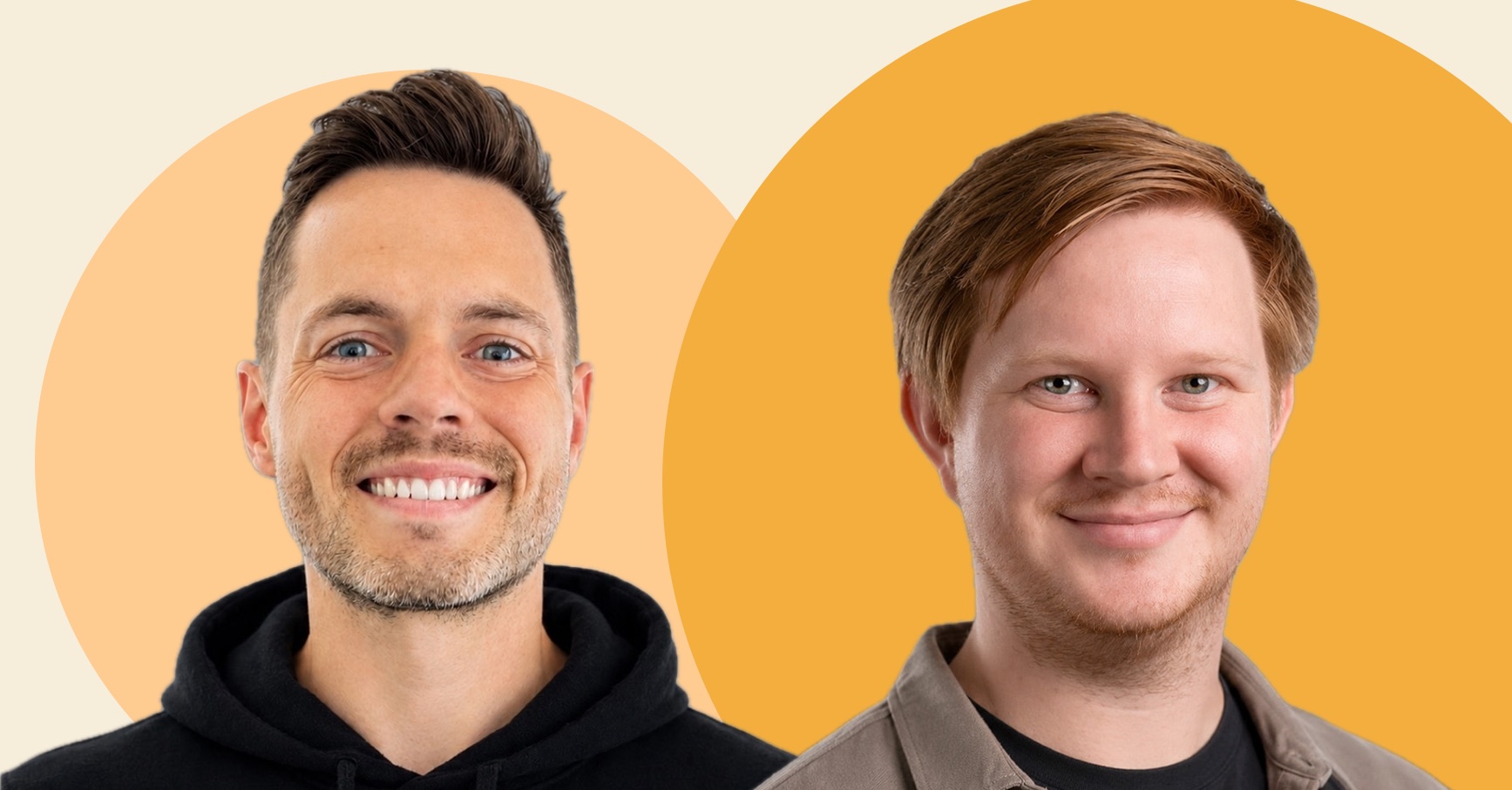 Portrait collage of Herodesk founder Anders Eiler and Jakob Taldorf against overlapping peach and orange circles.