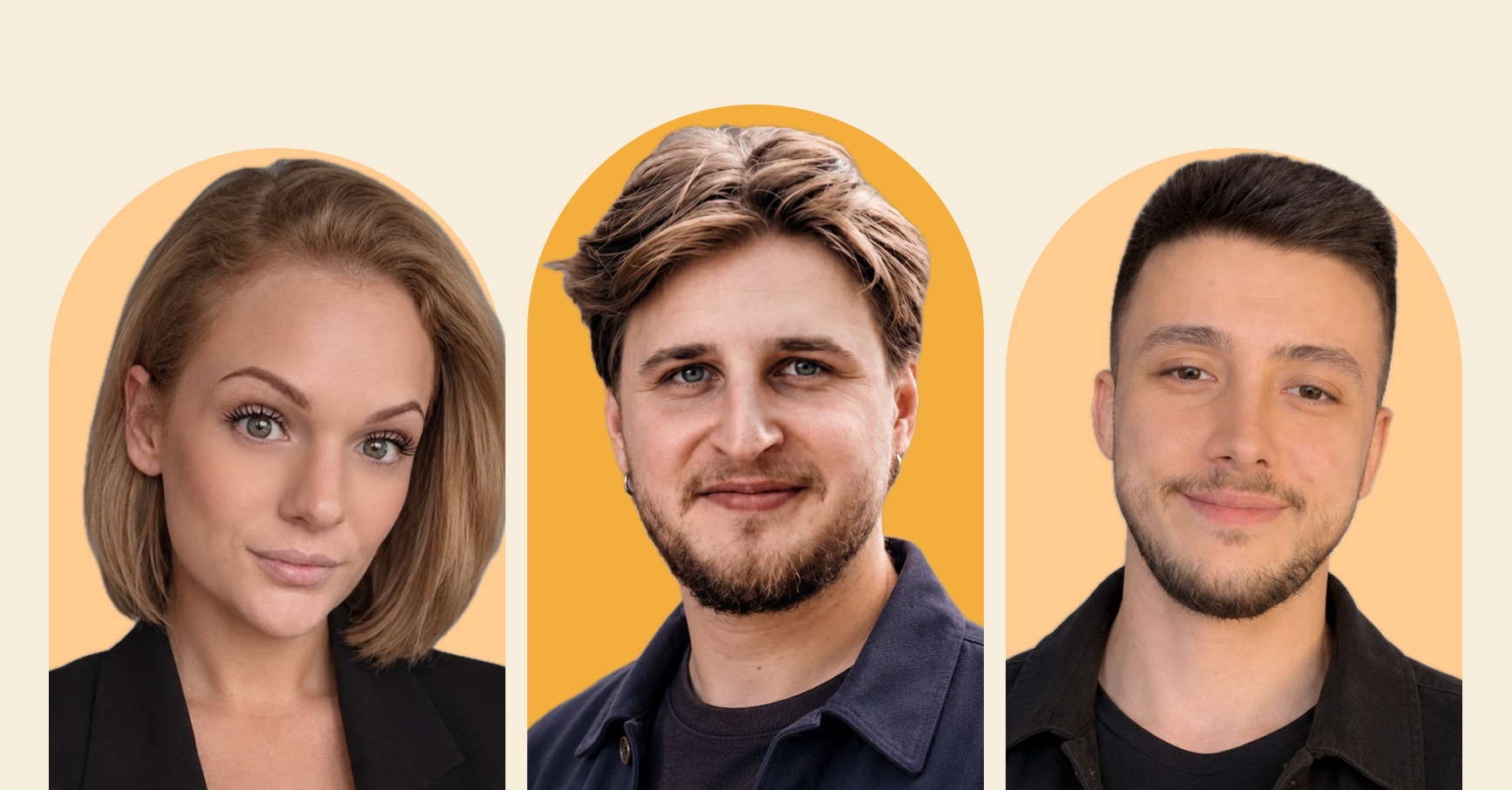Portrait collage of Signe, Daniel and Berkay, each framed by an orange or peach arch on a cream background.