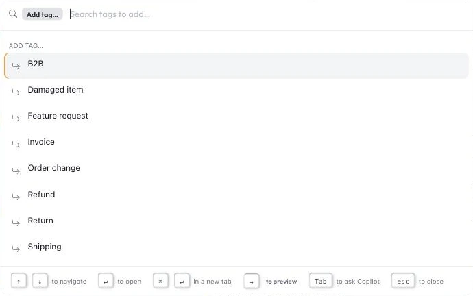 The Add tag action in quick search, showing a searchable list of tags such as Damaged item, Refund and Shipping.