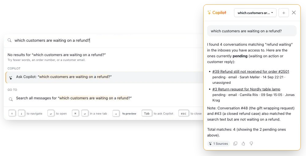 A question typed into quick search with Ask Copilot highlighted, and Copilot’s answer listing two conversations still waiting on a refund.