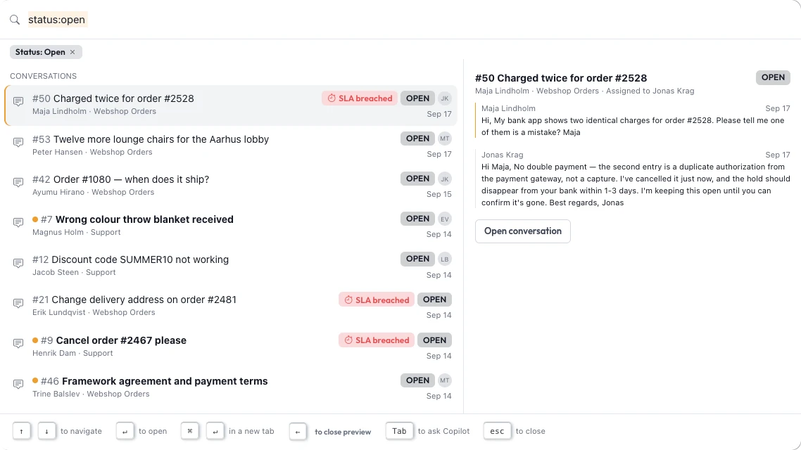 Herodesk quick search filtered by status open, listing conversations with SLA badges next to a preview of the highlighted conversation.