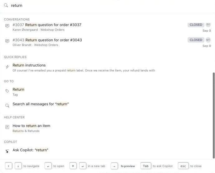 Quick search results for “return”: two conversations, a quick reply, a tag, a help-center article and an Ask Copilot option.