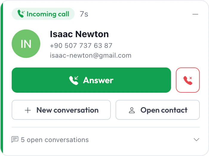 Indgående Uni-tel-opkald i Herodesk fra Isaac Newton, matchet med en kontakt, med knapper til at besvare, afvise, starte en ny samtale eller åbne kontakten