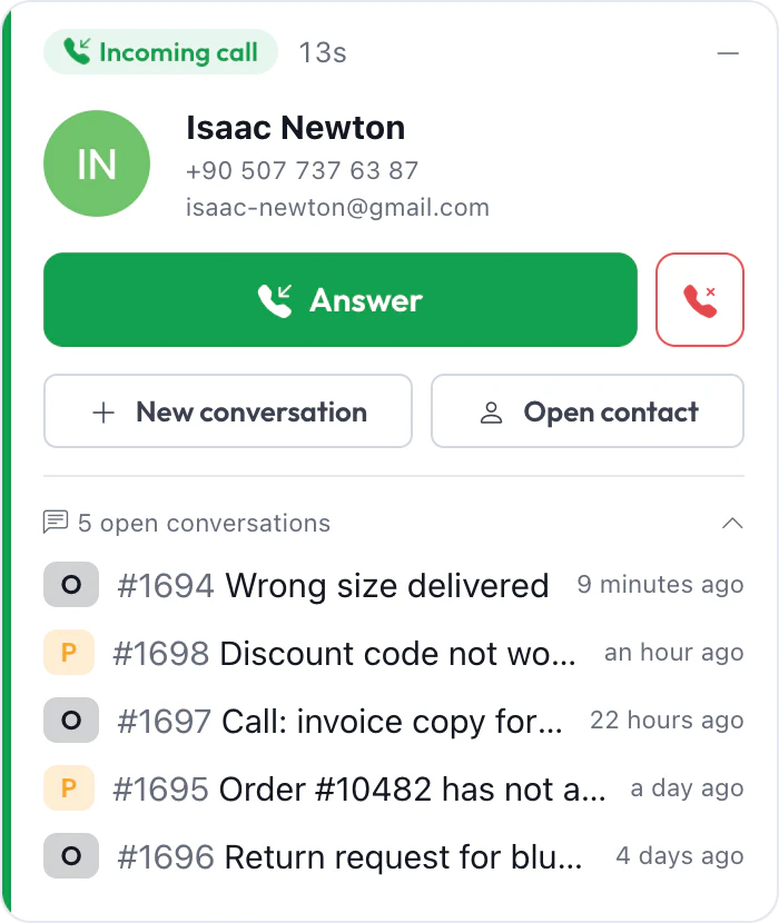 Indgående opkald fra Isaac Newton i Herodesk, foldet ud med fem åbne samtaler, deres status og hvornår hver af dem sidst blev opdateret