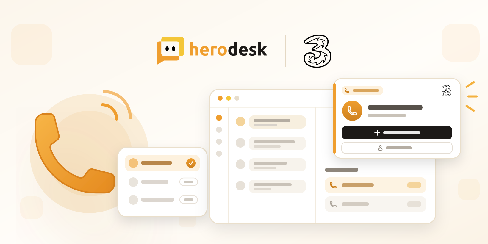 Herodesk and 3 logos above an orange telephone ringing for three colleagues, and a Herodesk window with an incoming-call card and a call log