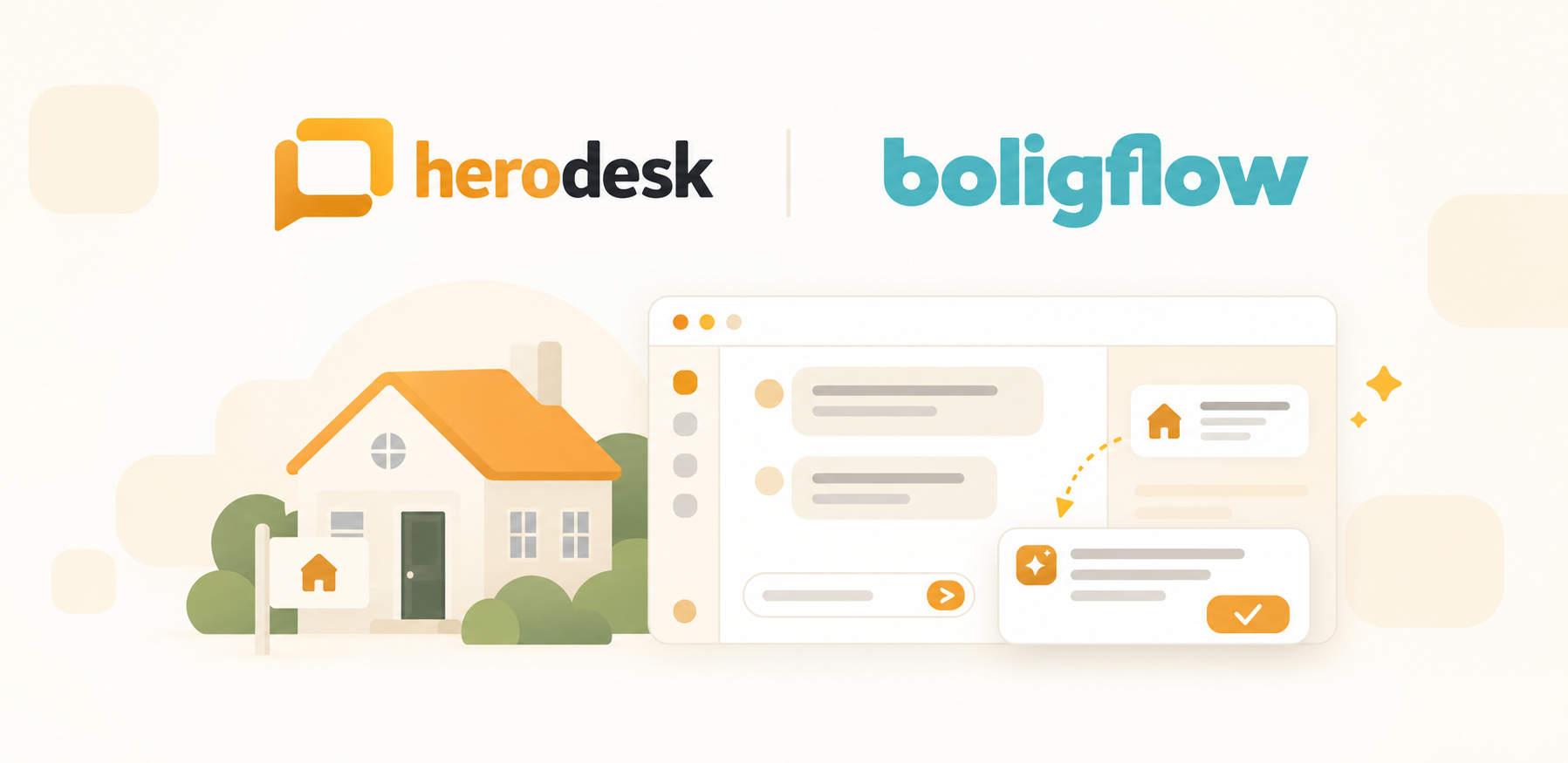 Herodesk- og Boligflow-logoer over et hus og en illustreret supportindbakke med ejendomsoplysninger og et svarkort