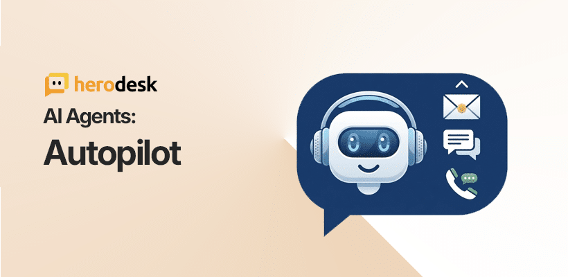 Herodesks lanceringsgrafik for AI Agents Autopilot med en robot og kanalikoner.
