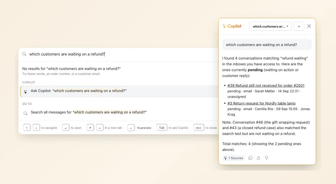 The question “which customers are waiting on a refund?” typed into quick search with Ask Copilot highlighted, next to Copilot’s answer listing two pending refund conversations.