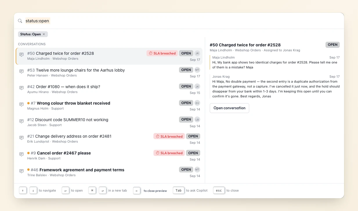 Quick search filtered by status open, with SLA breached badges on some results and a preview pane showing the latest messages of the highlighted conversation.