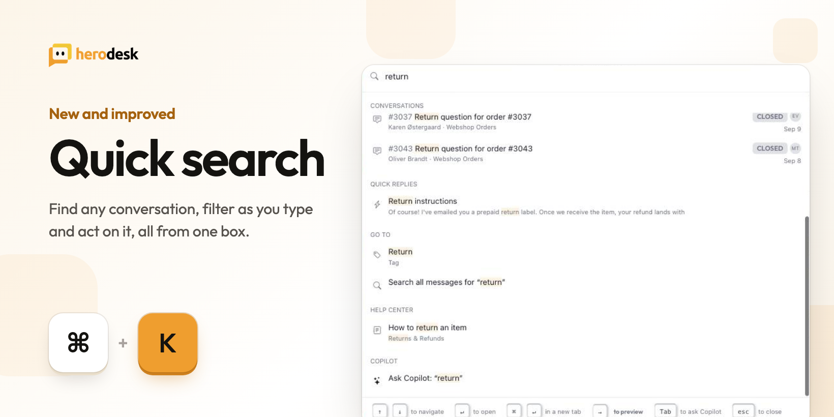 Herodesk-annoncering af hurtigsøgning med Cmd- og K-tasterne ved siden af søgefeltet, der viser resultater for “return”: samtaler, et gemt svar, et tag og en hjælpecenter-artikel.