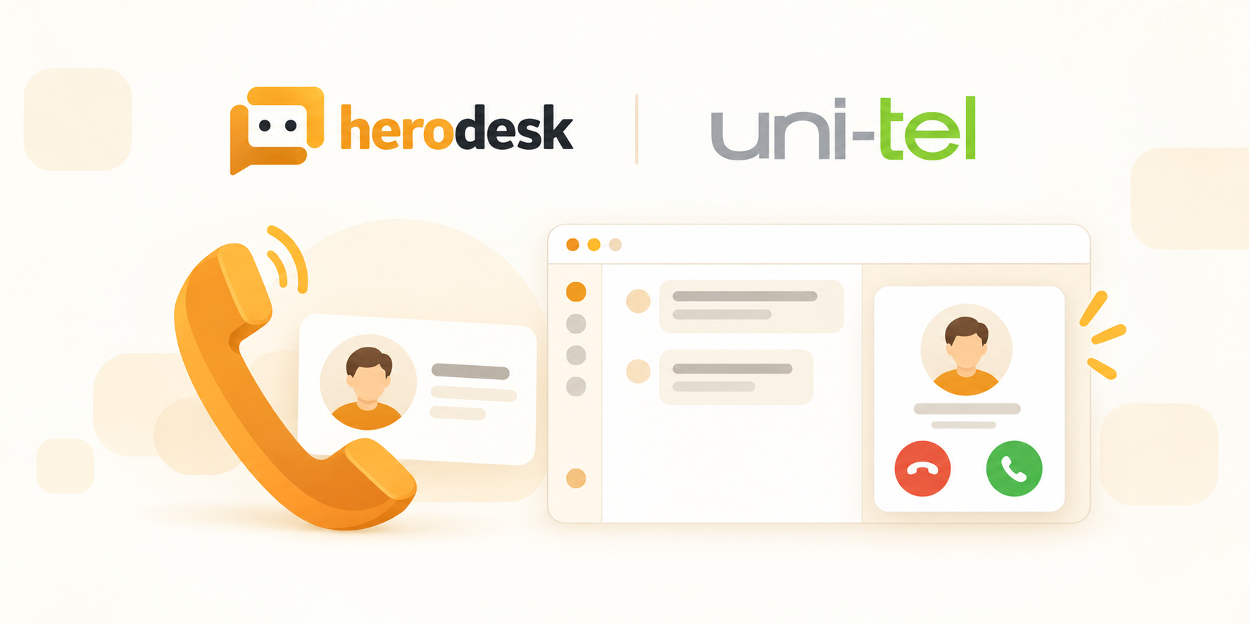 Herodesk- og Uni-tel-logoer over en orange telefon, et kontaktkort og en illustreret notifikation om et indgående opkald